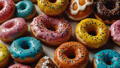 photo of a beautiful and delicious looking colorful donut spread made by AI generative