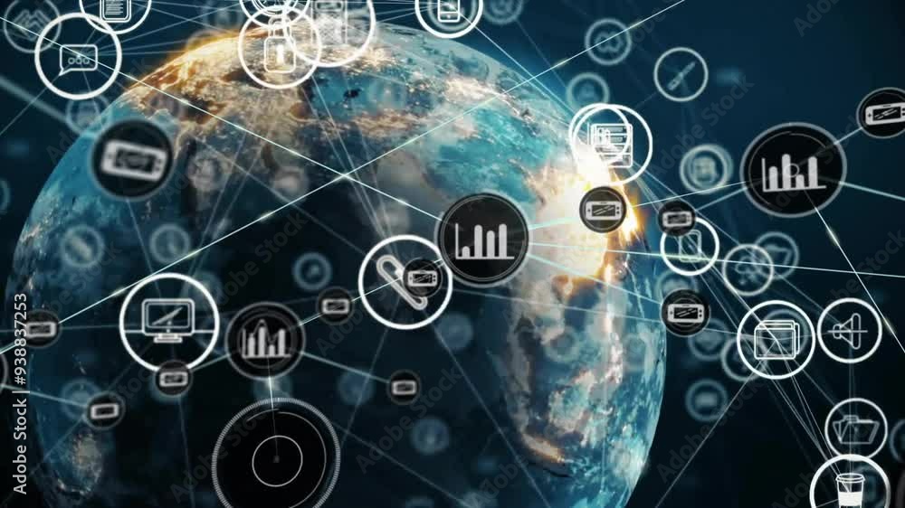 Poster global network of data icons and connections animation over earth