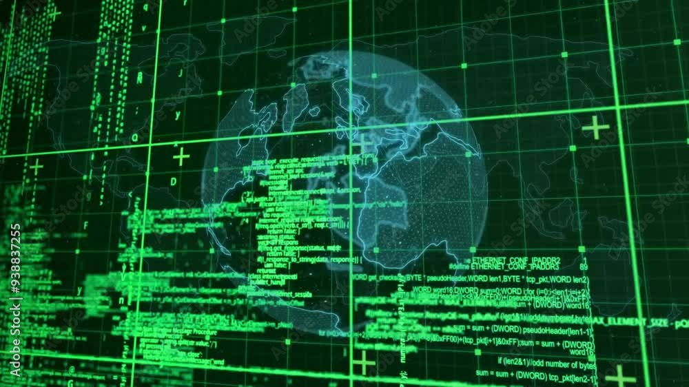 Poster global network and data processing animation over digital world map