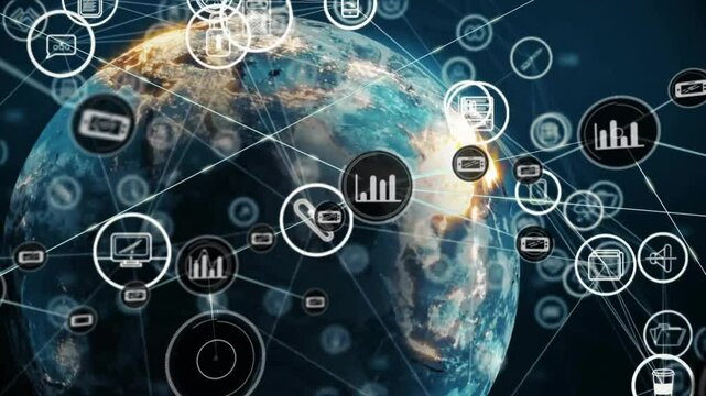 Global network of data icons and connections animation over Earth