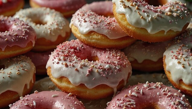 photo of donuts with strawberry and vanilla sauce and peanut topping that looks delicious made by AI generative