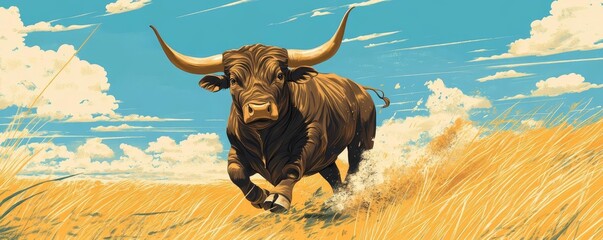 Powerful bull in full charge, high contrast tones, dramatic movement and energy, flat design illustration