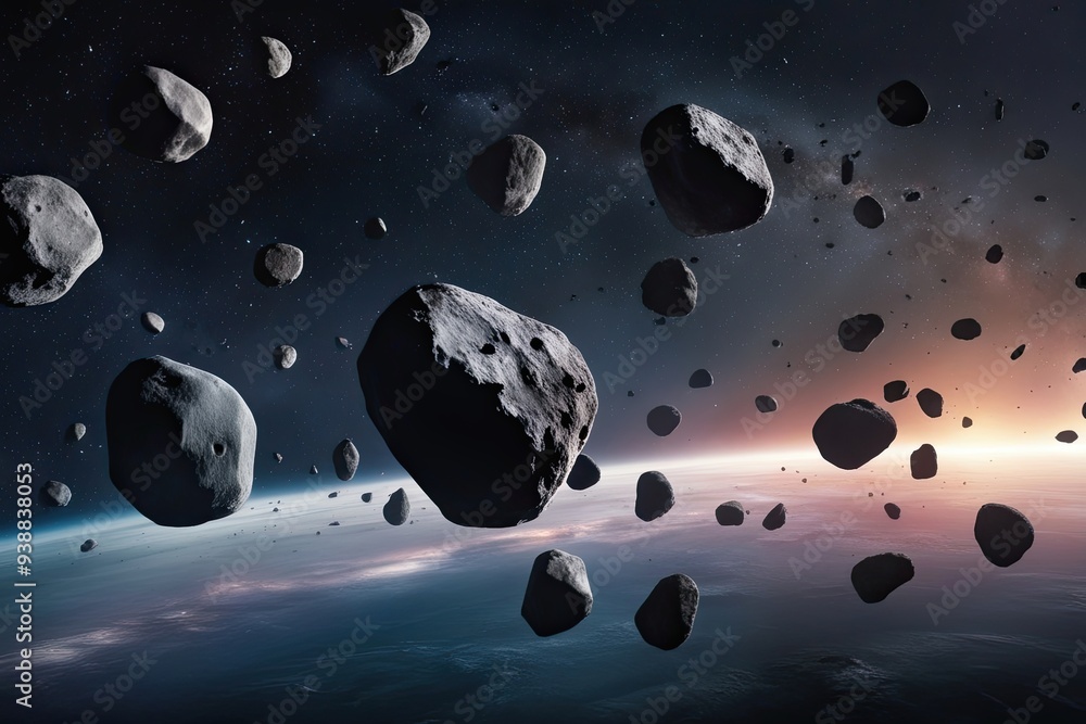Poster asteroid field of boulders and stone meteorites in outer space