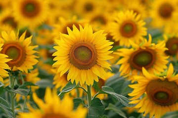 Fototapeta premium Endless field of sunflowers illuminated by the sun, harvest and agricultural business concept 
