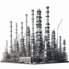 Obraz premium an oil refinery plant at night with tall chimneys and towers releasing smoke into the sky, surrounded by industrial structures and pipes, emphasizing energy production