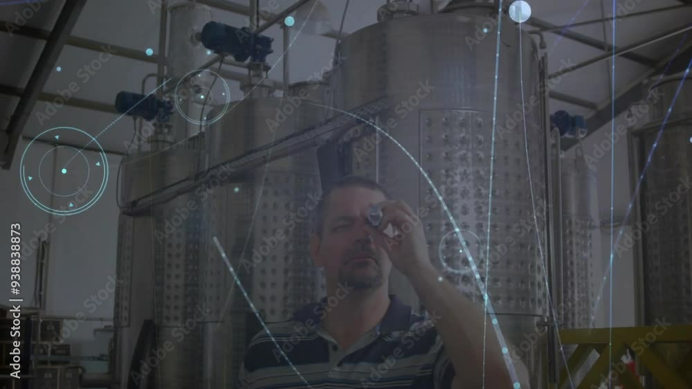 Aufkleber inspecting machinery, man with technical data processing animation in industrial background