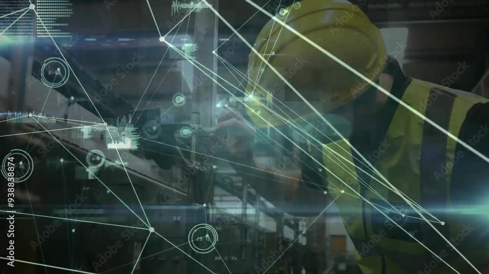 Poster network connections and data processing animation over industrial workers in factory