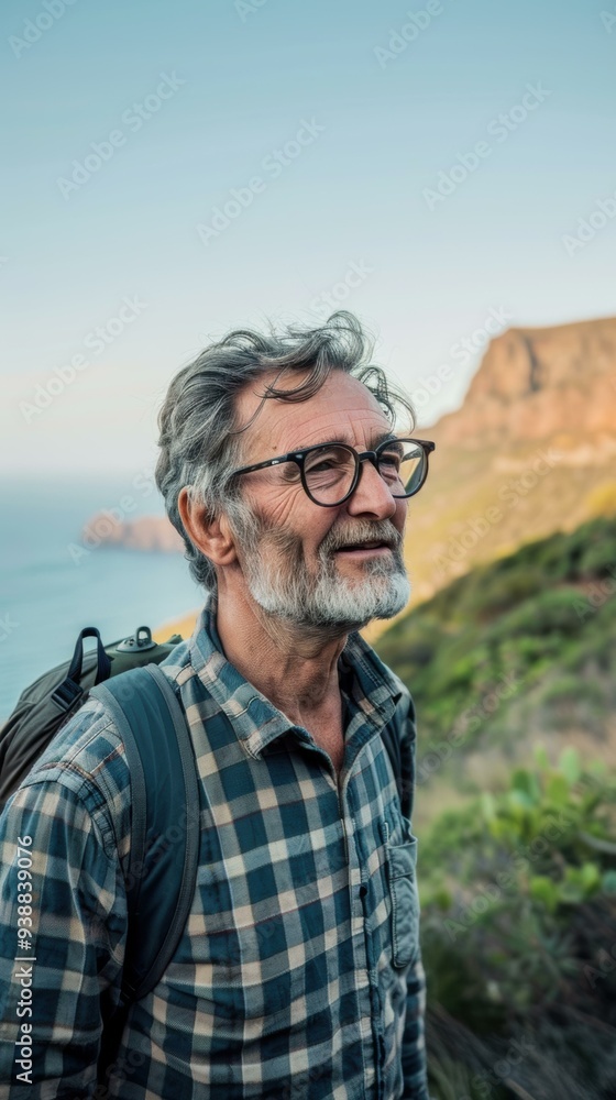 Canvas Prints a man with a beard and glasses is hiking in the mountains. ai.