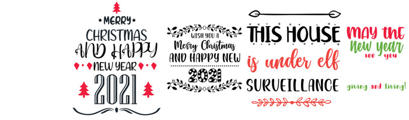 Decorative Christmas New Year Calligraphy, Inscriptions Collection Vector Illustration for Gift Card, Announcement, Printing Press