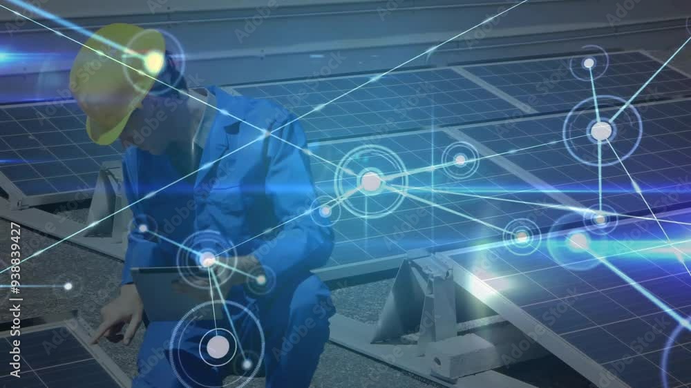 Poster inspecting solar panels, worker with network connections and data processing animation