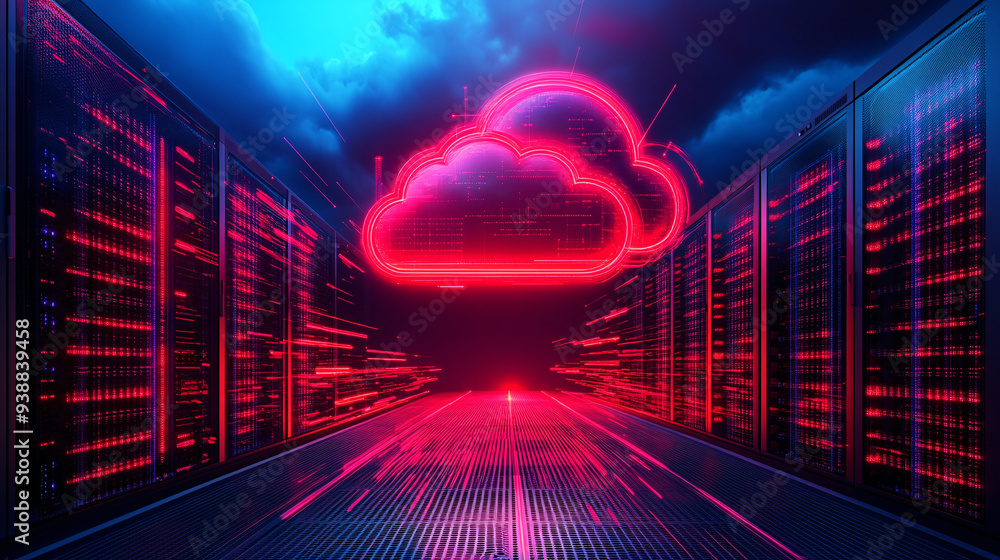 Poster futuristic cloud computing concept with vibrant neon lights and data servers