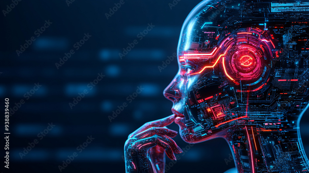 Poster futuristic robot profile with glowing circuitry and digital elements