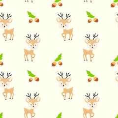 Seamless forest pattern with cute forest animals - illustrations of fox, deer, hedgehog, squirrel, bear. Acorns, cones, twigs, leaves, forest mushrooms. Autumn. Golden autumn. Hand drawn, doodle style