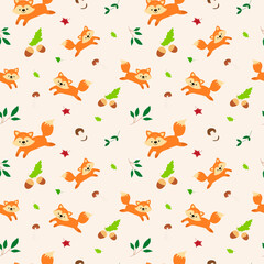 Seamless forest pattern with cute forest animals - illustrations of fox, deer, hedgehog, squirrel, bear. Acorns, cones, twigs, leaves, forest mushrooms. Autumn. Golden autumn. Hand drawn, doodle style