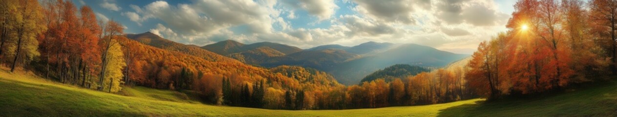 Obraz premium Vibrant fall landscape with golden leaves and rolling hills at sunset