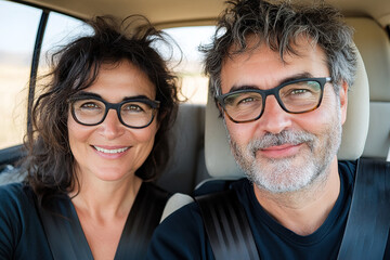 Smiling middle-aged couple taking a selfie with seatbelts on, enjoying their time in the car with the interior clearly visible in the background.