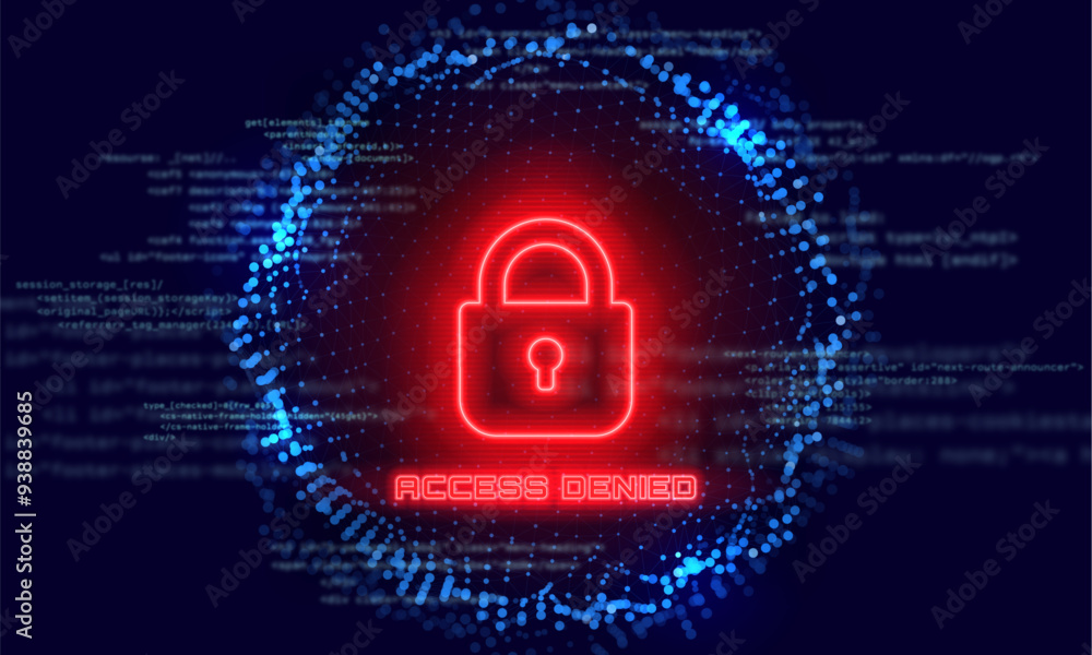 Poster access denied. hacked system or cyber attack. warning on the screen. vector illustration.