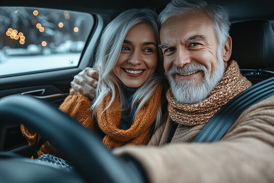 Smiling middle-aged couple taking a selfie with seatbelts on, enjoying their time in the car with the interior clearly visible in the background. - Powered by Adobe