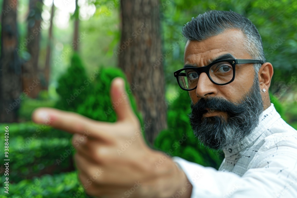 Poster a man with a beard and glasses points to the side. ai.
