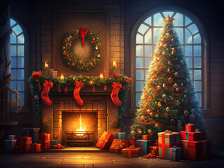 Fototapeta premium Excellent Illustration offering of dead in Mexico fireplace and gift box at Christmas