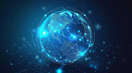 A blue globe with a network of lines surrounding it