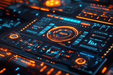 Obraz premium Close-up of a futuristic dashboard interface showcasing glowing orange and blue data visualizations, metrics, and analytical tools in a high-tech environment.