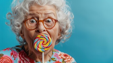 A woman with a surprised expression holds a lollipop in front of her mouth. AI.