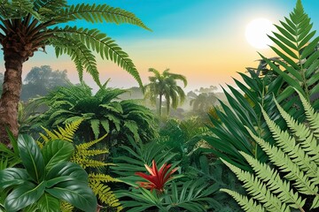 Fototapeta premium Vibrant Jungle Landscape in Morning Light Featuring Playful Collage of Fern and Palm Leaves for Spring Design