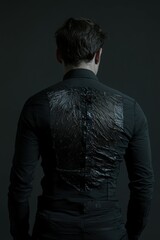 Stylish black shirt with unique artistic back detail in dim lighting