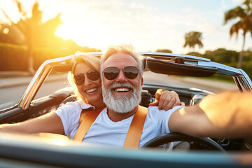 Naklejka premium Joyful middle-aged couple in their car, taking a selfie while wearing seatbelts, with the car's interior visible and their happy expressions captured.