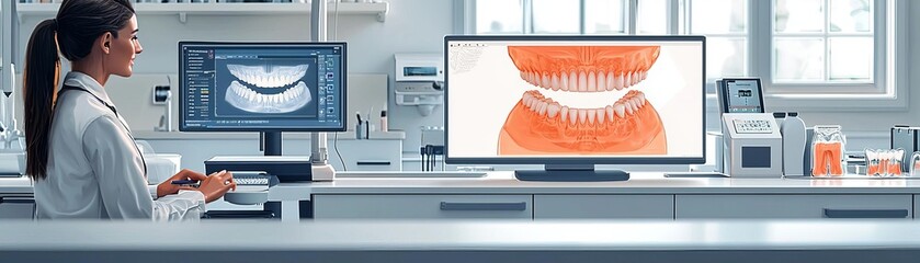 A dental technician using 3D printing technology to create dentures in a modern lab, highlighting the role of high medical technology in oral care