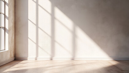 A large, empty room with a window that lets in sunlight. The room is bare and uncluttered, with no furniture or decorations. The sunlight casts a warm glow on the walls and floor, creating a peaceful