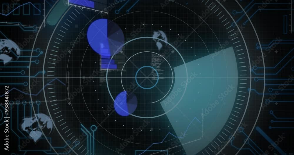 Poster Rotating elements and data processing on radar screen, creating animation