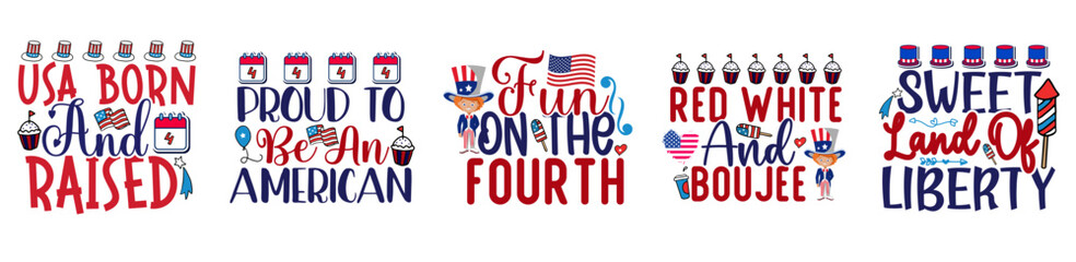 Elegant 4Th Of July Typographic Emblems, Trendy Retro Style Illustration Pack Vector Illustration for Printing Press, Advertisement, Greeting Card