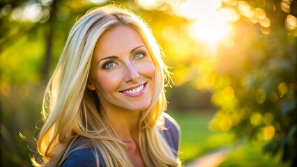 Fototapeta premium A bright-eyed, smiling blonde woman in her 30s with a fit physique and sun-kissed glow, exuding confidence and joy in a vibrant outdoor setting.