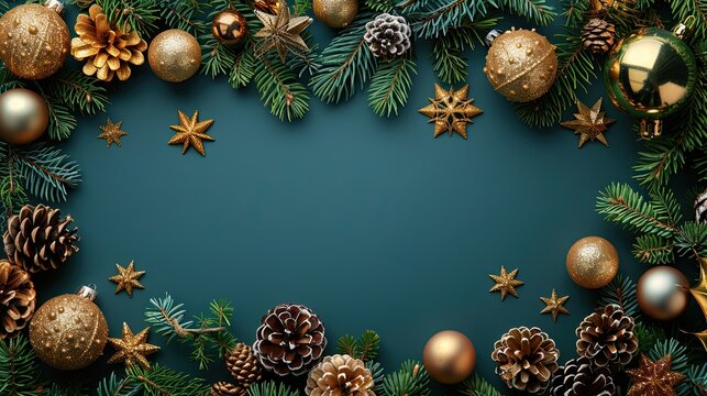 Christmas frame top border of fir branches and golden stars over blue background flat lay xmas banner mockup with copy space.