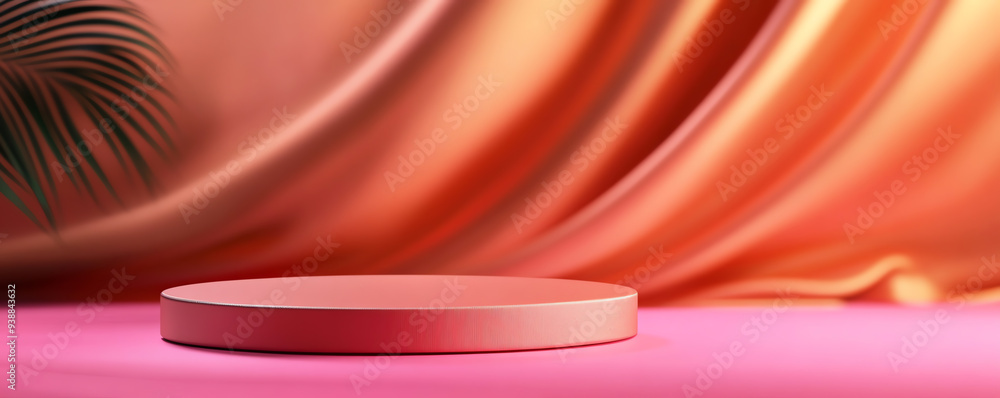 Poster a modern display platform with vibrant curtains, perfect for showcasing products in an elegant setti