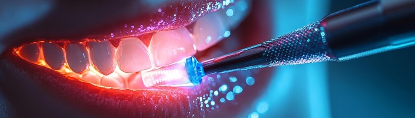 Fototapeta premium A futuristic teeth cleaning session using ultrasonic and laser tools, highlighting the integration of high medical technology in oral hygiene