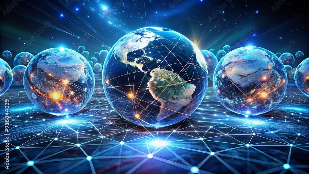 Poster abstract futuristic concept of virtual machines, 3d-generated globes interconnected by fibers, repre