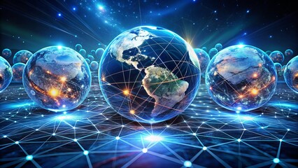Naklejka premium Abstract futuristic concept of virtual machines, 3D-generated globes interconnected by fibers, representing network connectivity, data exchange, and cloud computing technology.