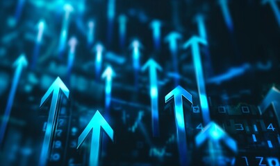 Fototapeta premium A stock market graph with blue arrows pointing upwards, indicating an upward trend in the financial backdrop
