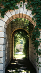 Obraz premium Stone Archway with Ivy and Stone Steps Leading to a Garden