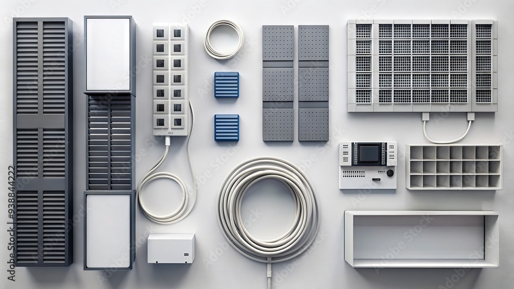 Poster abstract minimalist flat lay aesthetic composition of data storage devices, servers and cables on a 