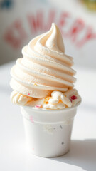 Closeup of a single serving of soft serve ice cream with sprinkles in a white cup