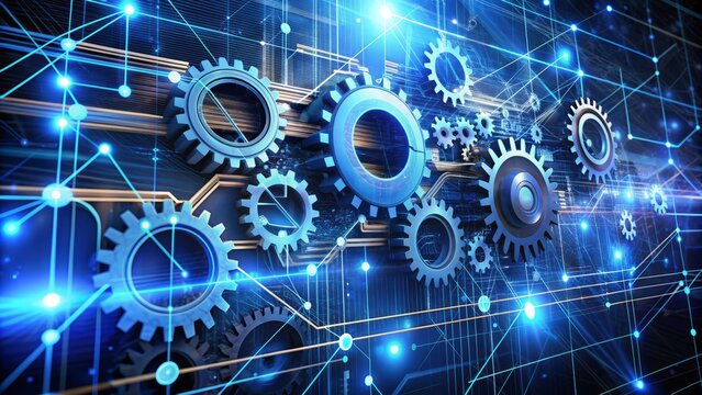 Abstract illustration of interconnected gears, wires, and codes forming a complex system, representing middleware as a bridge between applications and operating systems.