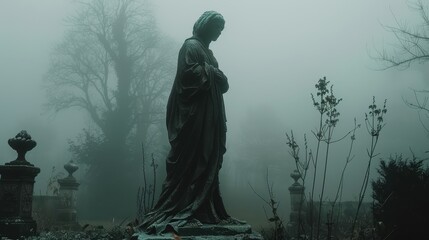 Stone Statue in a Foggy Cemetery