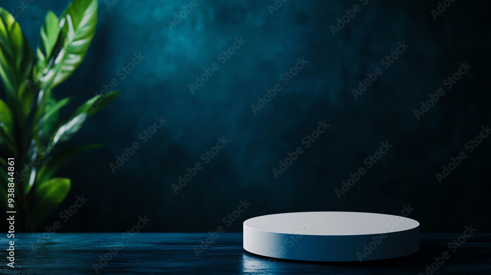 Poster minimalist showcase platform with dark background and greenery, perfect for product display or artis