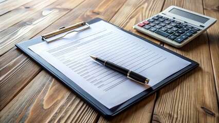A close-up of a clipboard holding a contractor's license and contract documents, with a pen and calculator nearby, on a wooden desk background.