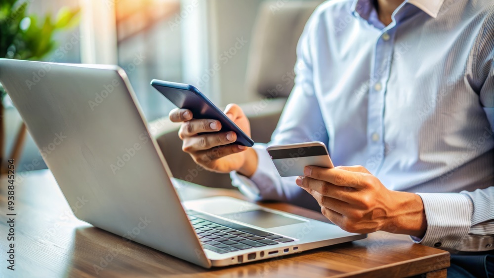 Poster a close-up shot of a person using a mobile banking app and making a transaction on a laptop with a c