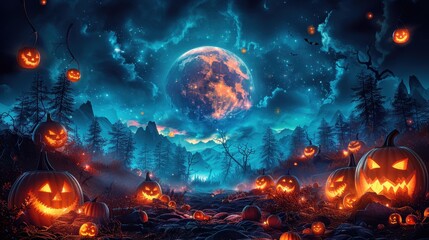 Obraz premium Glowing Jack-o'-Lanterns in a Mystical Halloween Forest